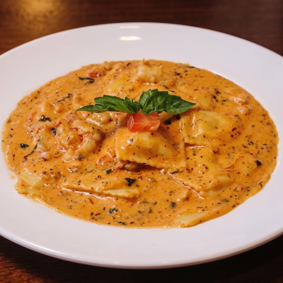 Ravioli in creamy tomato herb sauce, garnished with fresh basil and diced tomato on a white plate.