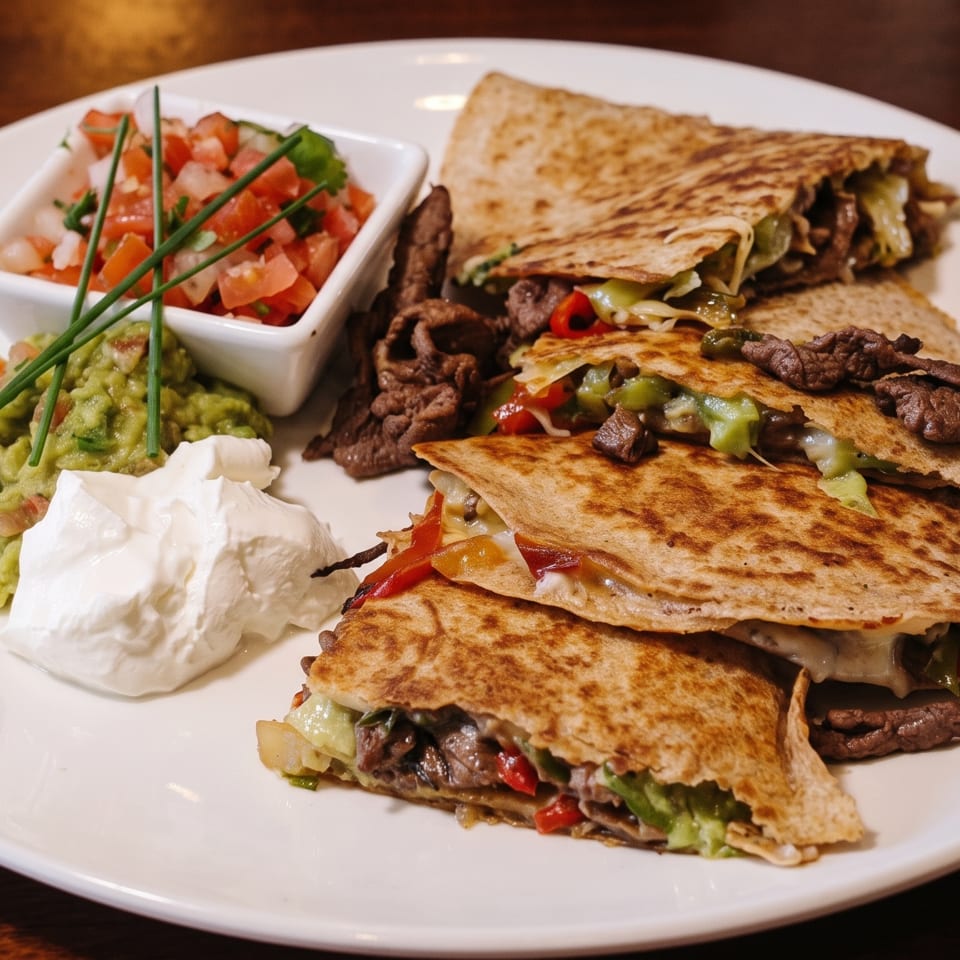 Grilled beef quesadillas with peppers and cheese, served with guacamole, salsa, and sour cream on a white plate.