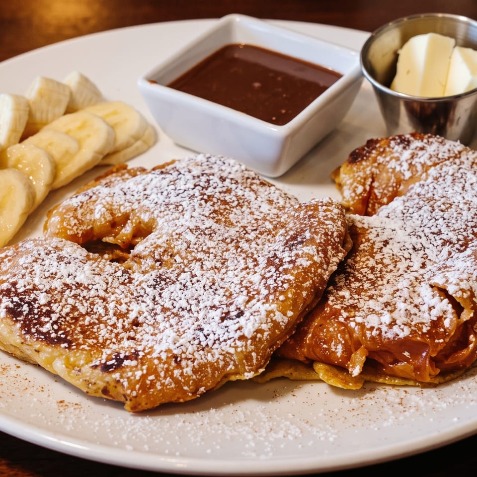 French toast topped with powdered sugar, served with sliced bananas, syrup, and butter on a white plate.