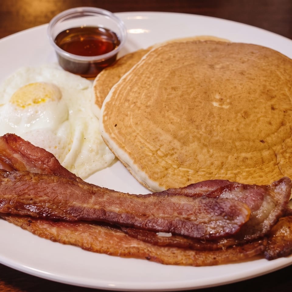 Breakfast plate with pancakes, fried eggs, crispy bacon, and a small cup of syrup on a wooden table.