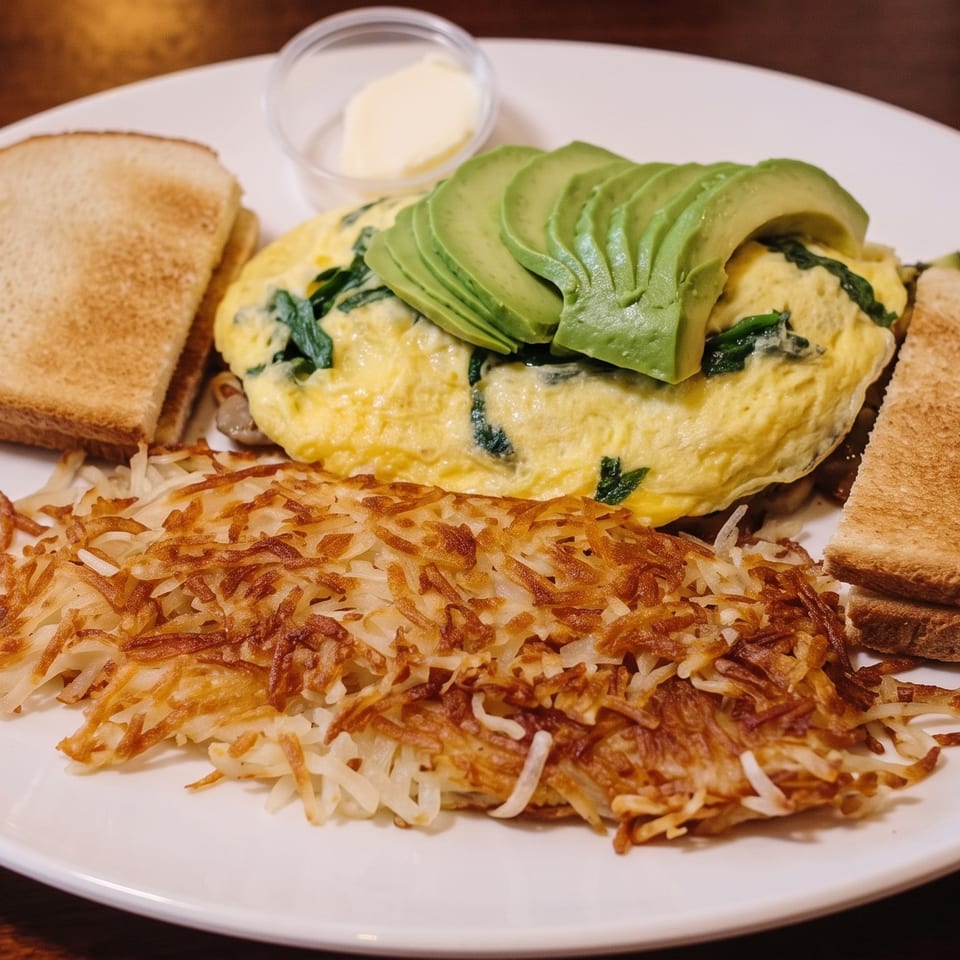 Spinach omelet topped with sliced avocado, crispy hash browns, toast, and butter on a white plate.