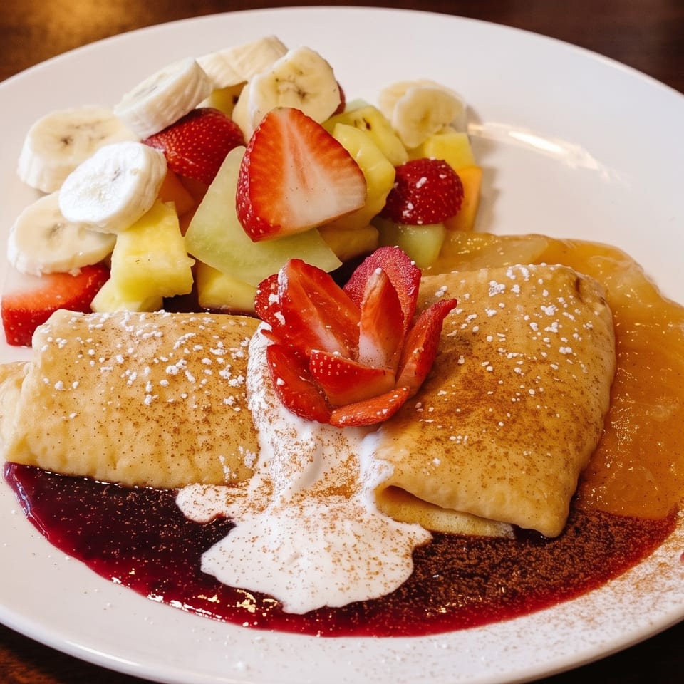 Two crepes dusted with powdered sugar and cinnamon, served with whipped cream, fruit, and berry and peach sauces.