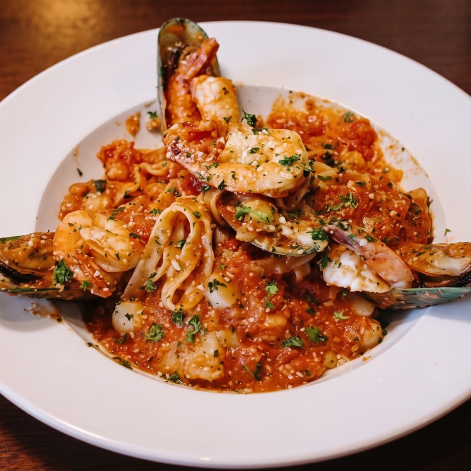 Seafood pasta with shrimp, mussels, and calamari in tomato sauce, garnished with herbs on a white plate.