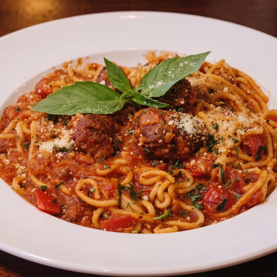 Spaghetti and meatballs in tomato sauce, topped with grated cheese, herbs, and fresh basil on a white plate.