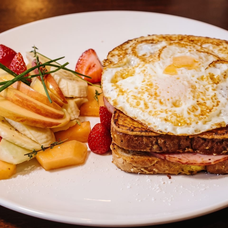 Stacked French toast topped with a fried egg, served with sliced fruit, strawberries, and chives on a white plate.